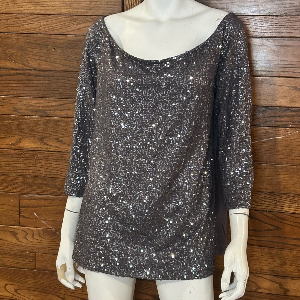 INC International Concepts Silver Sequin Blouse 3/4 Sleeve